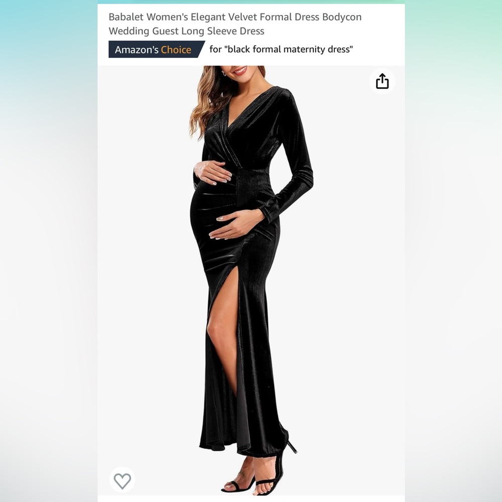 Long black velvet maternity dress.